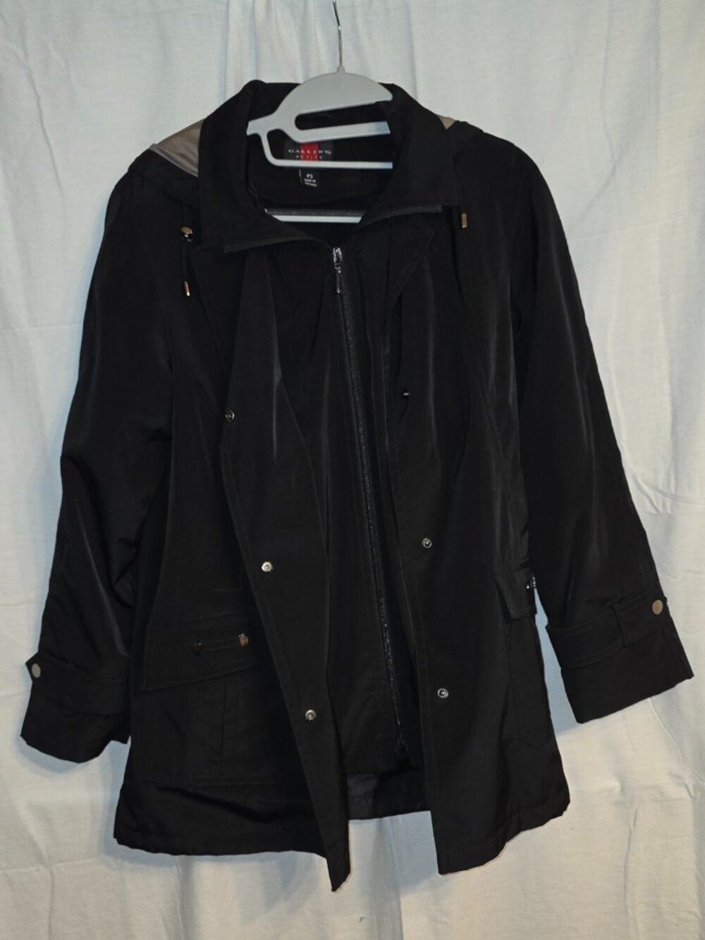 Gallery Petite Water Resistant Zip Front Rain Jacket Coat Hoodie Hood Black
